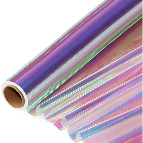 66 ft Iridescent Cellophane Wrap Roll (17'' Wide x 66' Long) Transparent Roll, Rainbow Colored Gift Wrapping Plastic for Baskets, Treats, DIY Crafts, Christmas Gifts