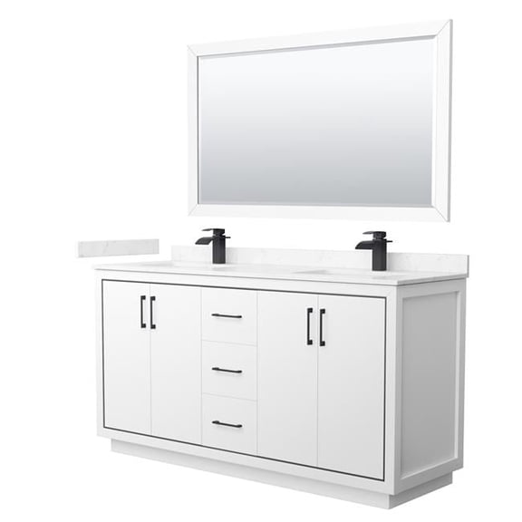 66 in. Icon Double Bathroom Vanity, White, Carrara Cultured Marble Countertop, Undermount Square Sinks & Matte Black Trim - 58 in. Mirror