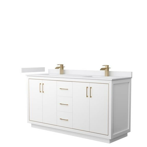 66 in. Icon Double Bathroom Vanity, White, White Cultured Marble Countertop, Undermount Square Sinks & Satin Bronze Trim