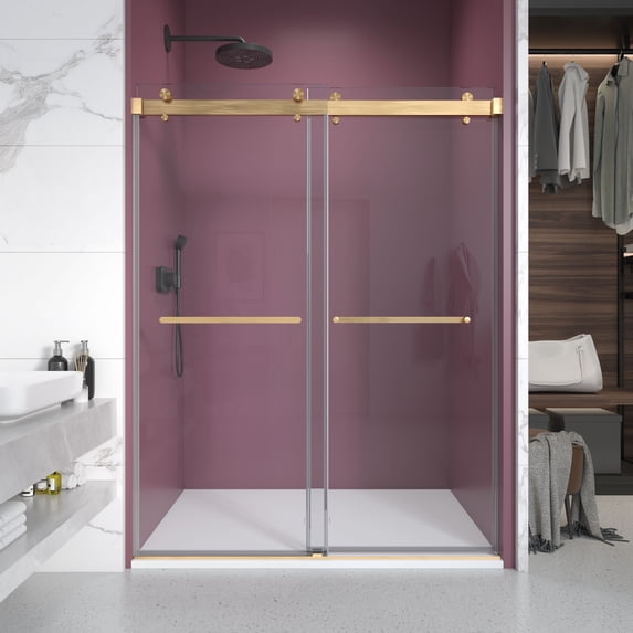 66 in. W x 76 in. H Double Sliding Frameless Shower Enclosure With Clear Glass in Brushed Gold