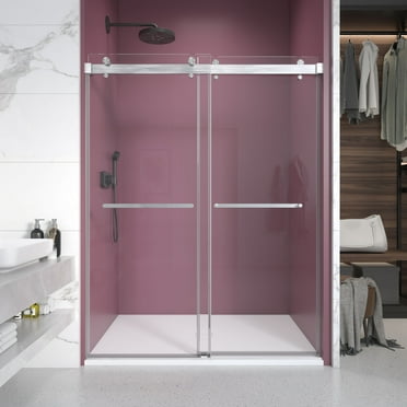 66 in. W x 76 in. H Double Sliding Frameless Shower Enclosure With Clear Glass in Brushed Nickel