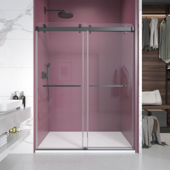 66 in. W x 76 in. H Double Sliding Frameless Shower Enclosure With Clear Glass in Matte Black