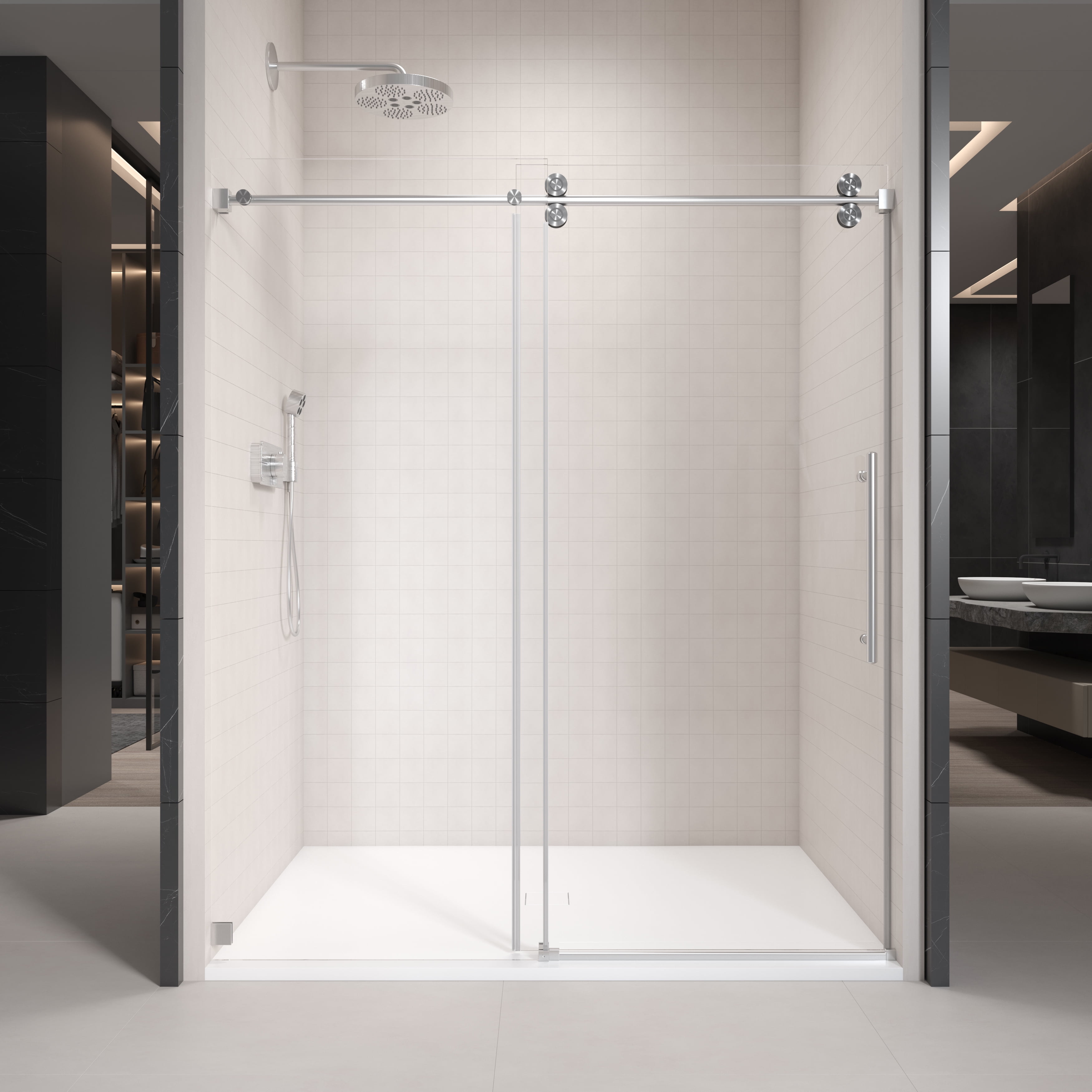66 in. W x 76 in. H Single Sliding Frameless Shower Enclosure With Clear Glass in Brushed Nickel