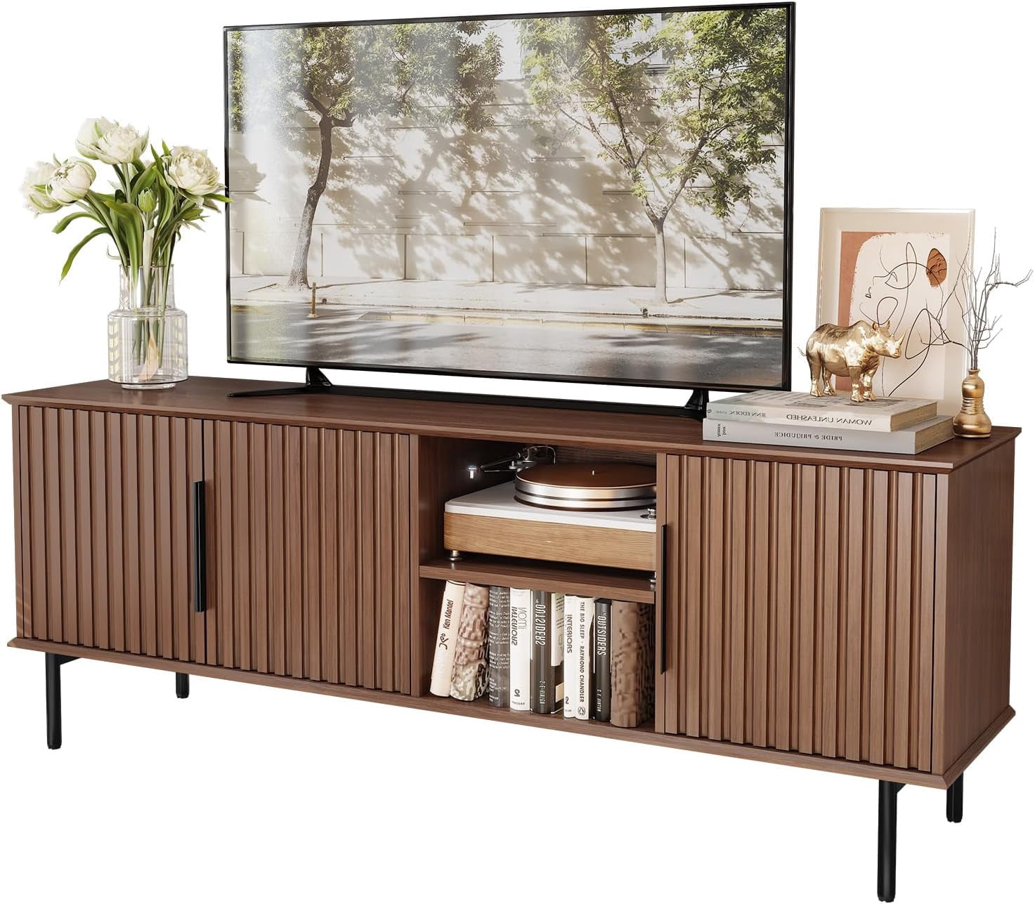 66 inch Fluted TV Stand with Storage, Mid Century Modern TV — free download