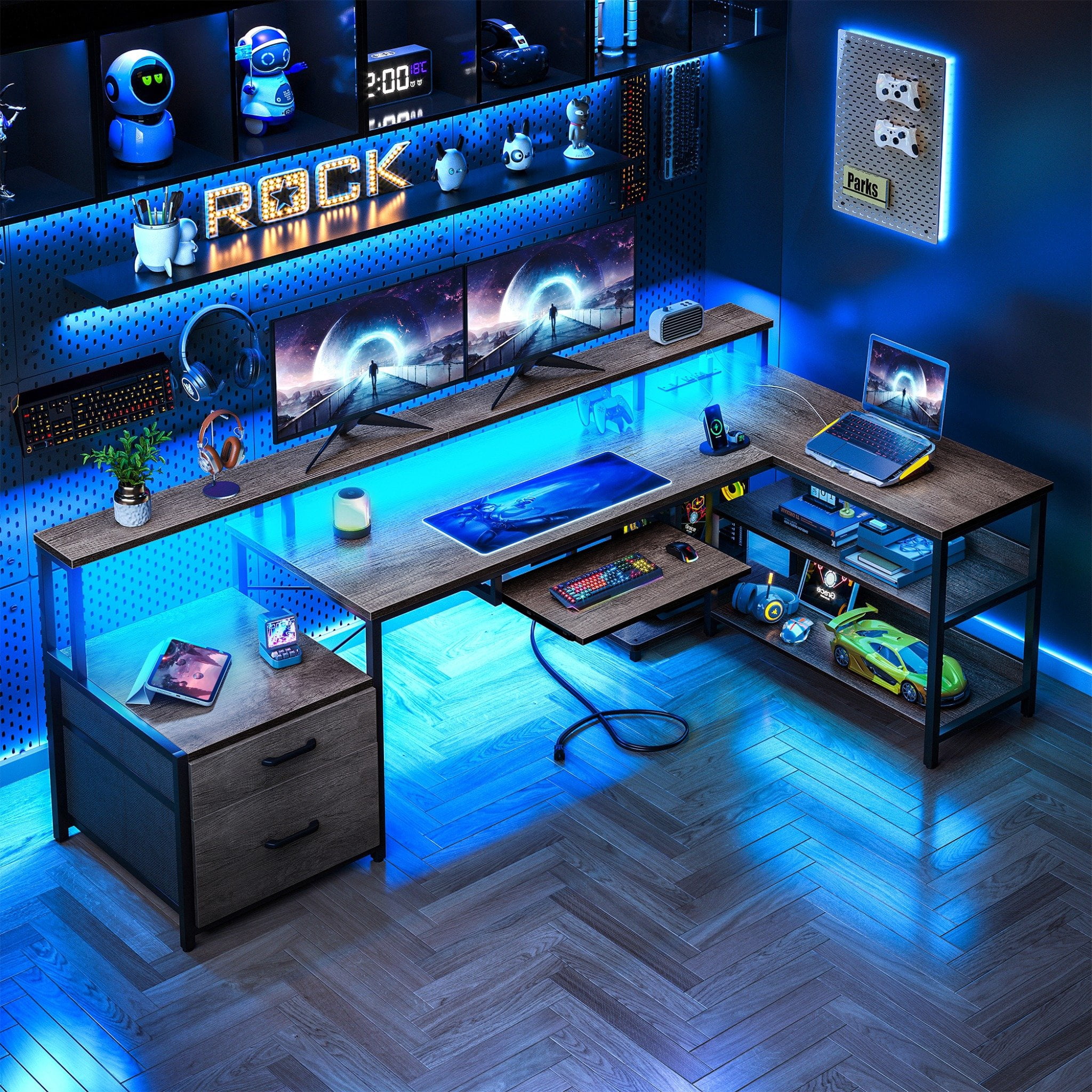66 inch L-Shaped Gaming Desk with LED Lights & Power Outlets, Corner Computer Desk with 2 Drawers & Storage Shelves, Reversible Workstation for Home Office, Gray