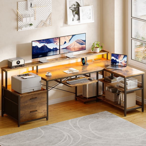66 inch L-Shaped Gaming Desk with LED Lights & Power Outlets, Corner Computer Desk with 2 Drawers & Storage Shelves, Reversible Workstation for Home Office, Vintage