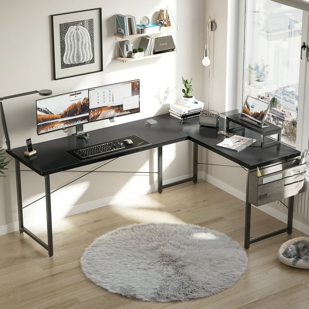 66 inch Modern LShaped Desk, Corner Computer Desk with Monitor Shelf
