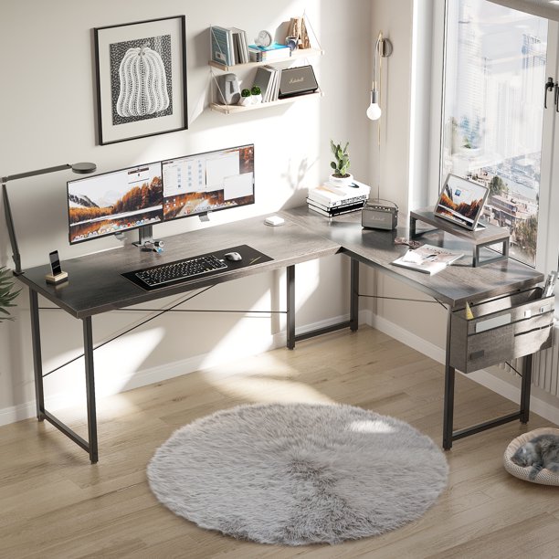 66 inch Modern LShaped Desk, Corner Computer Desk with Monitor Shelf