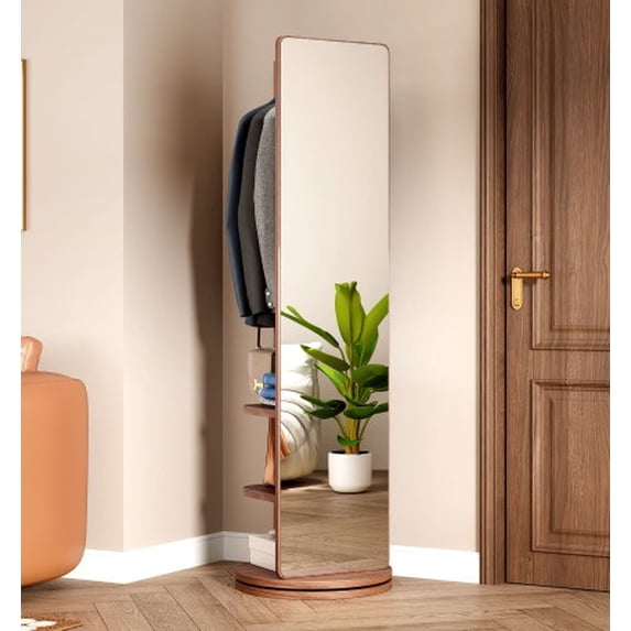 360° Rotating Full Length Mirror, 66"x 14" Full Body Mirror with Open Coat Rack, Solid Wood Floor Long Mirror with Hook for Bedroom,Living Room,Dressing Room