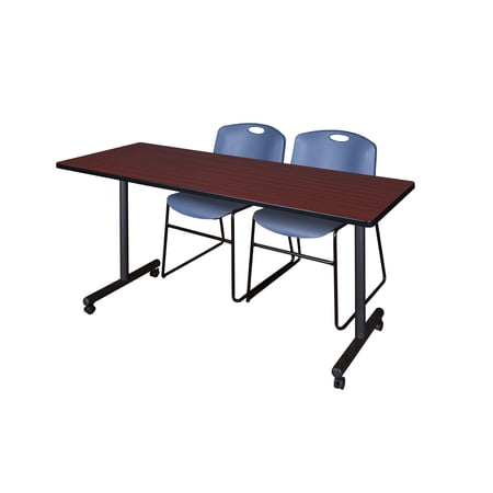 66" x 24" Kobe Mobile Training Table- Mahogany & 2 'M' Stack Chairs- Blue