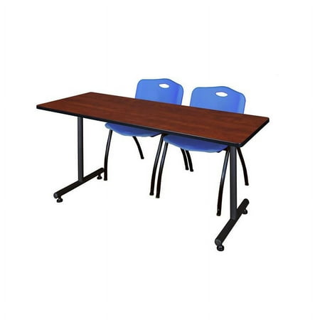 66" x 24" Kobe Training Table- Cherry & 2 'M' Stack Chairs- Blue