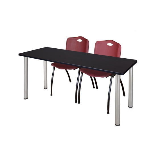 66" x 24" Kee Training Table- Mocha Walnut/ Chrome & 2 'M' Stack Chairs- Burgundy