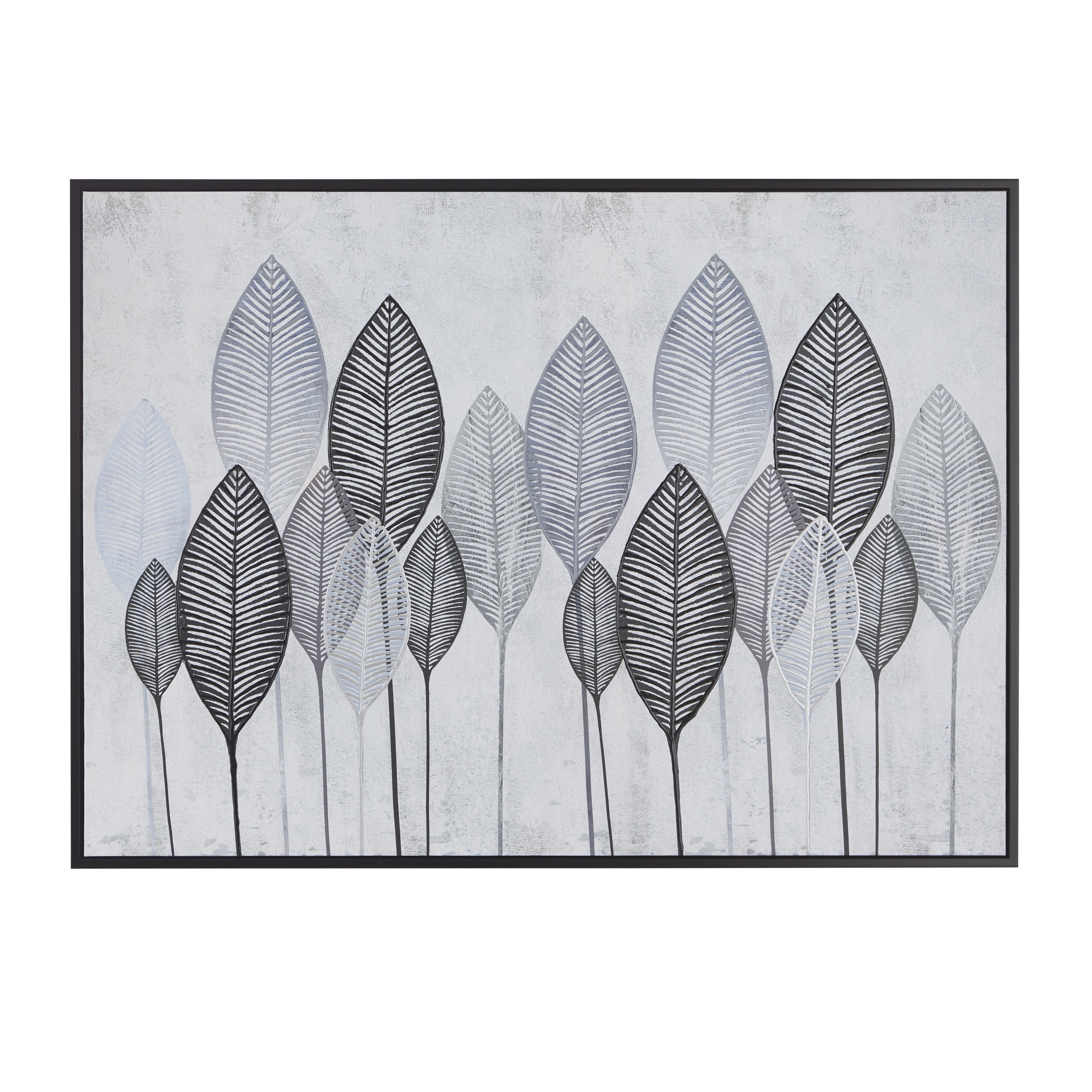 Gray and Black Abstract Leaf Canvas Wall Art with Silver Frame
