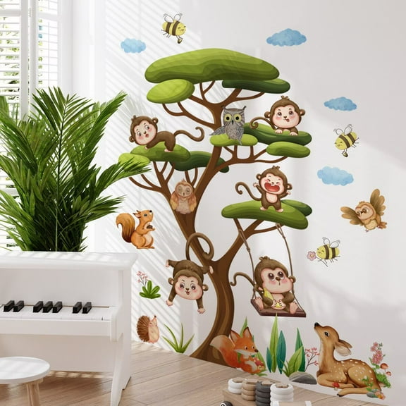 66 x 57.4 Inch Large Jungle Green Tree Wall Stickers Wild Monkey on The Tree Branches Wall Decals DIY Safari Sika Deer Owls Squirrels Grass Animals Decor for Kids Baby Bedroom Living Room Nursery