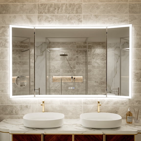 66"x36" LED Triple folding mirror ,3 Color Temperature, Stepless Dimming, Anti-Fog, Touch Control, Wall-Mounted Vanity Mirror, movable magnetic magnifying