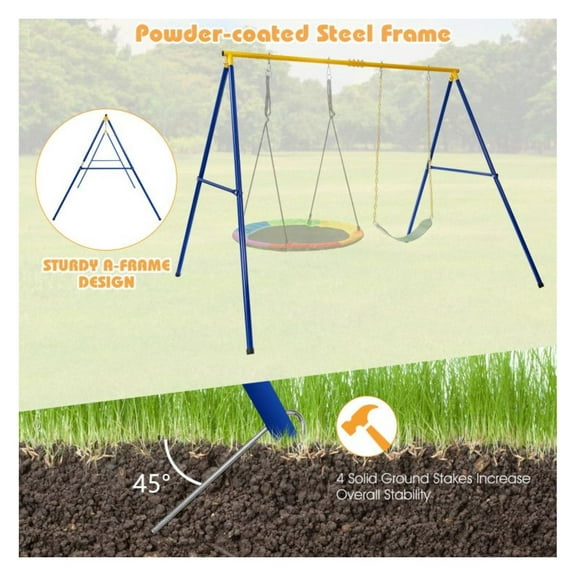 660 LBS A-Frame Swing Stand - Heavy Duty Steel Swing Set for Outdoor Play - Anti-Slip Footpads & Ground Nails - Fits 2 Swings - Backyard, Garden, Patio