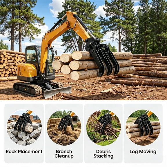 6600 LBS Small Excavator Wood Grabber Grapple, Grapple Attachment for Mini Excavators, Metal Gripper Digger Accessories with Manganese Steel, for Orchard Pruning & Log Handling