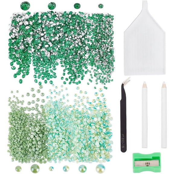 6600 Pcs Flatback Gems Round Green Rhinestones for Crafts Non-Hotfix Rhinestones Half Pearl Beads with Picking Pen Tweezer Tray Plate Pencil Sharpeners for DIY Nail Face Art Decor DIY