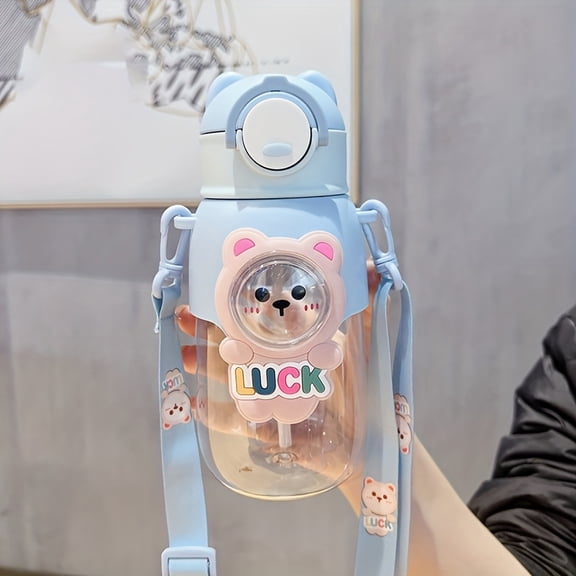 660Ml (22.31Oz) 3D Animal Water Bottle - 3D Character Water Bottle - Portable Cartoon Straw Water - Jump-Style Strap Straw Cup with Crossbody Rope - Cute Rabbit/Dinosaur/Astronaut Design