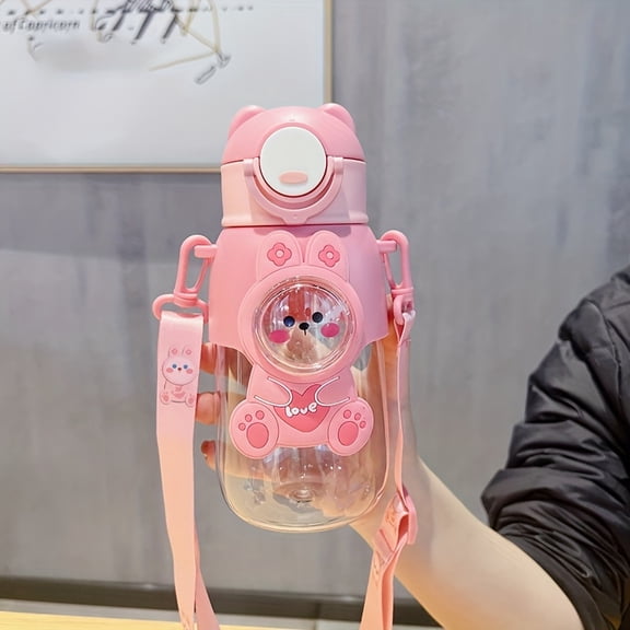 660Ml (22.31Oz) 3D Animal Water Bottle - 3D Character Water Bottle - Portable Cartoon Straw Water - Jump-Style Strap Straw Cup with Crossbody Rope - Cute Rabbit/Dinosaur/Astronaut Design