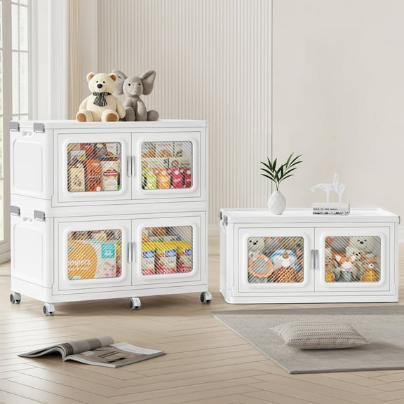 660Qt Extra Large Stackable Storage Bins with Lid, 165Gal Collapsible Closet Organizer and Storage Drawers with Wheels, 3-Pack, White