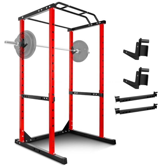 661 Lbs Capacity Red Power Cage,Red Squat Stand With Safety Bars,Adjustable J-Hooks And Pull Up Bar,Multi-Functional Power Rack For Home Gym,Red