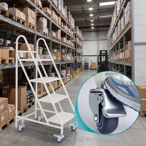 661LBs Load Capacity HeavyDuty Rolling Ladder, Industrial 4Step Steel Step Ladder with NonSlip, AntiSlip Platform Ladder, Lockable Casters Mobile Stairs for Stockroom