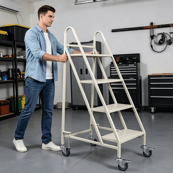 661LBs Load Capacity Safety Handrails Step Ladder, HeavyDuty Steel 4Step Rolling Ladder with NonSlip, Industrial Lockable Wheels Work Ladder, High Load Capacity Mobile Stairs for Industrial Site
