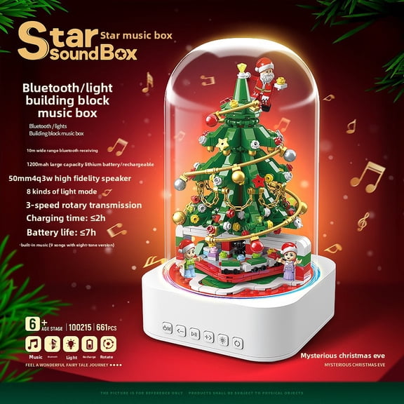 661PCS Rotating Christmas Tree Building Block Music Box, Bluetooth LED Light Rechargeable Holiday Decor Brick Model