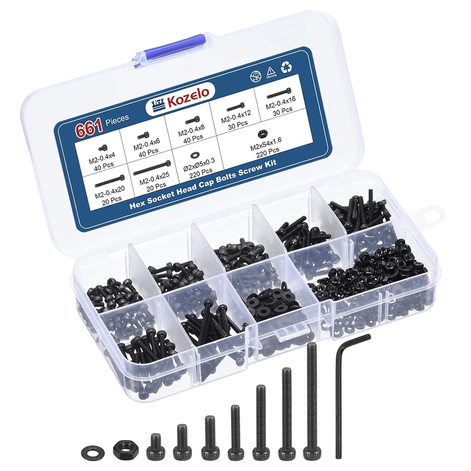 565pcs M2 Socket Head Screw Assortment Kit - Stainless Steel Allen Bolts [M2x4/6/8/10/12/16/20mm] For 3D Printers, RC Models & DIY Projects