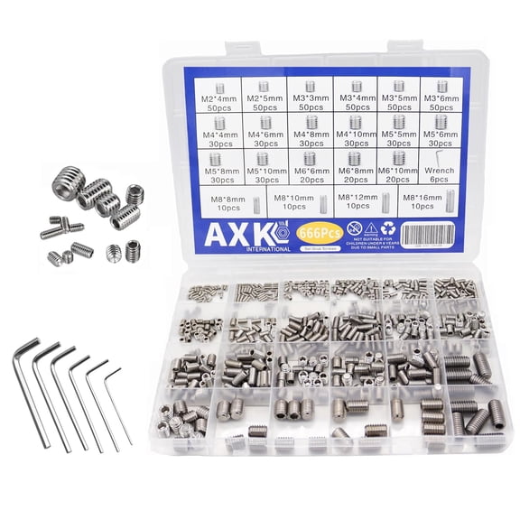 666Pcs Flat Point Set Screw Stainless Steel Hexagon Socket Grub Screw Kit M2 M3 M4 M5 M6 M8 Headless Screw Set Assortment Kit