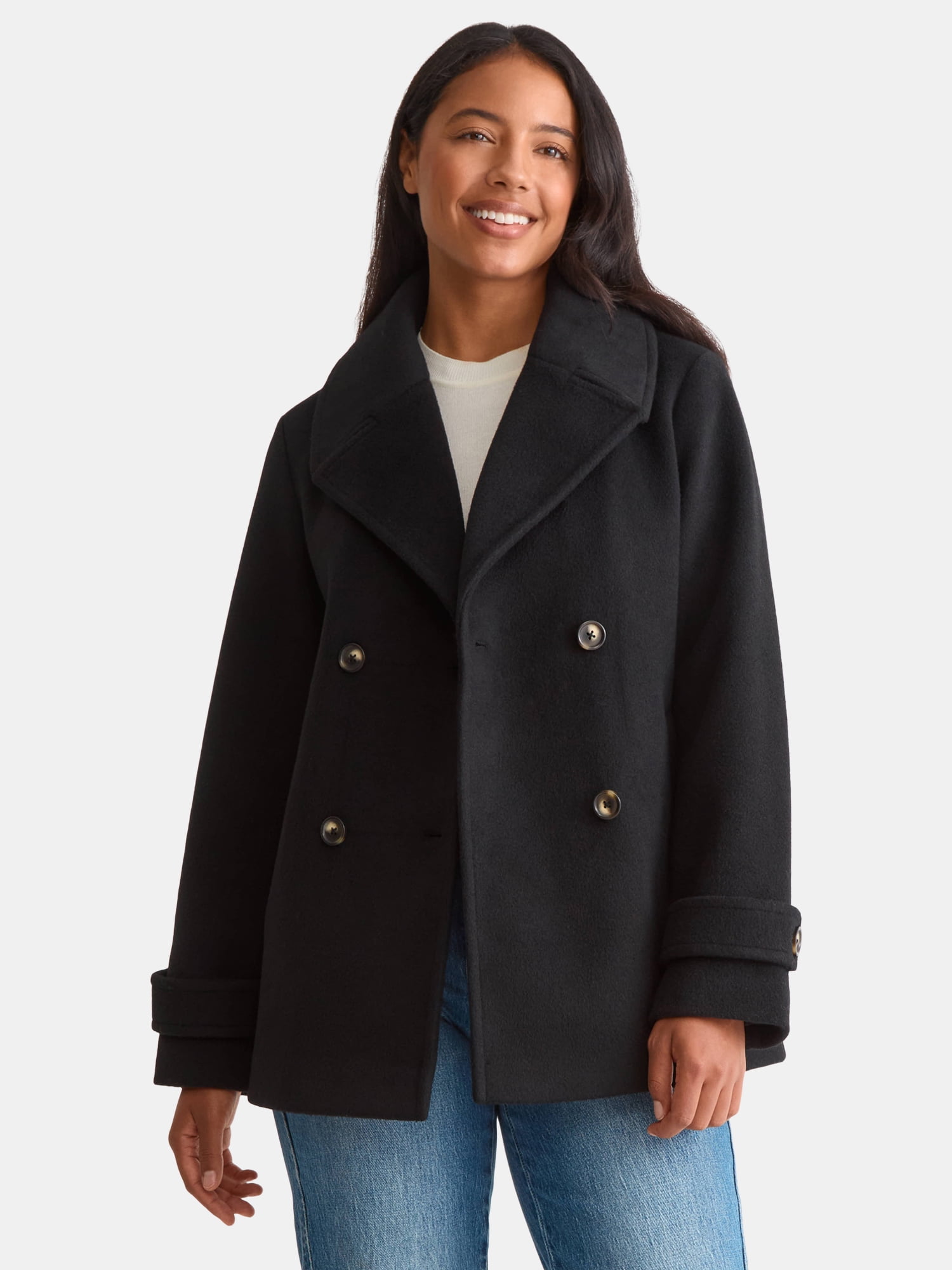 Time and Tru Women's and Women's Plus Faux Wool Peacoat, Sizes XS-2X