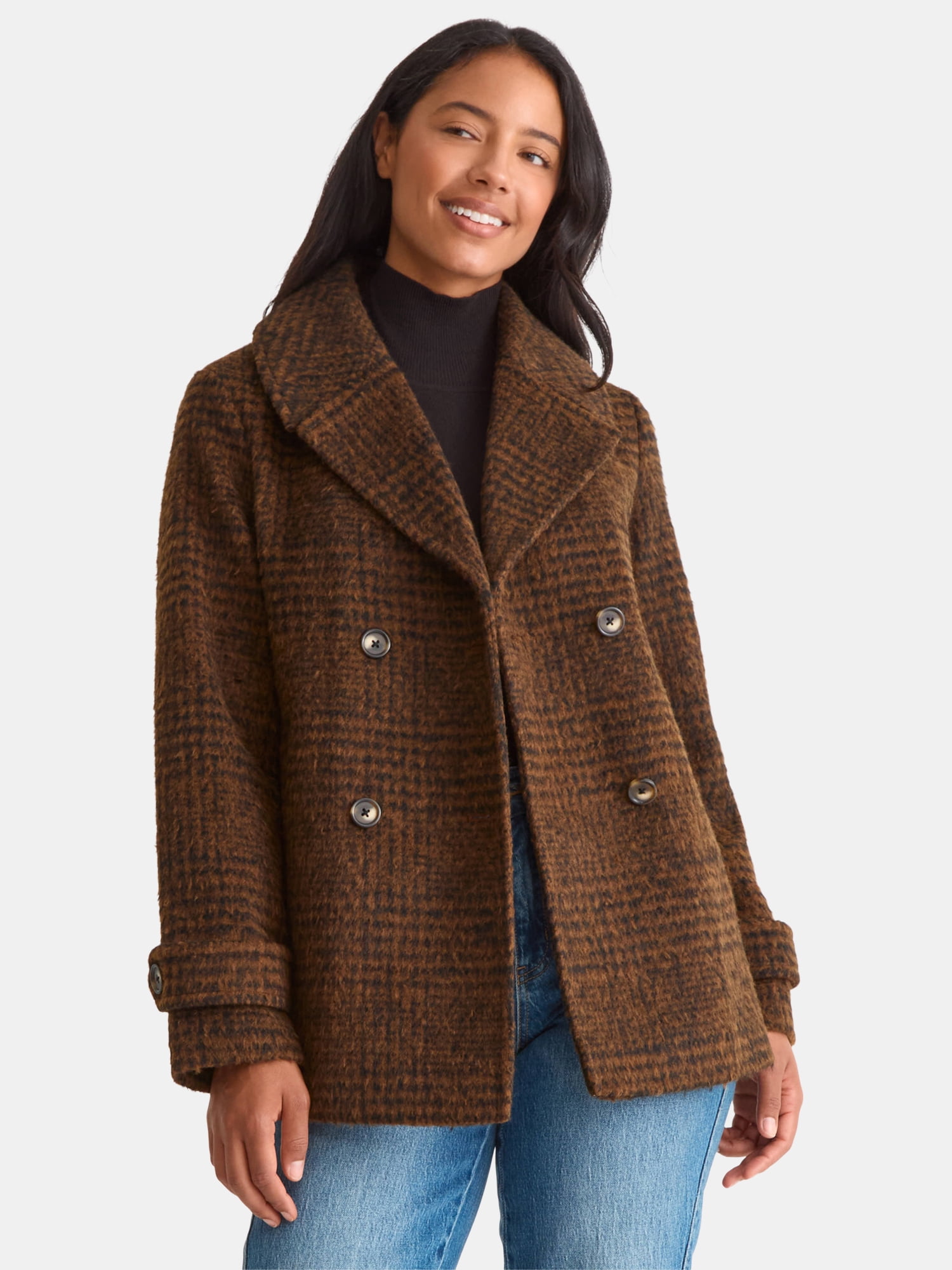 Time and Tru Women's and Women's Plus Faux Wool Peacoat, Sizes XS-2X