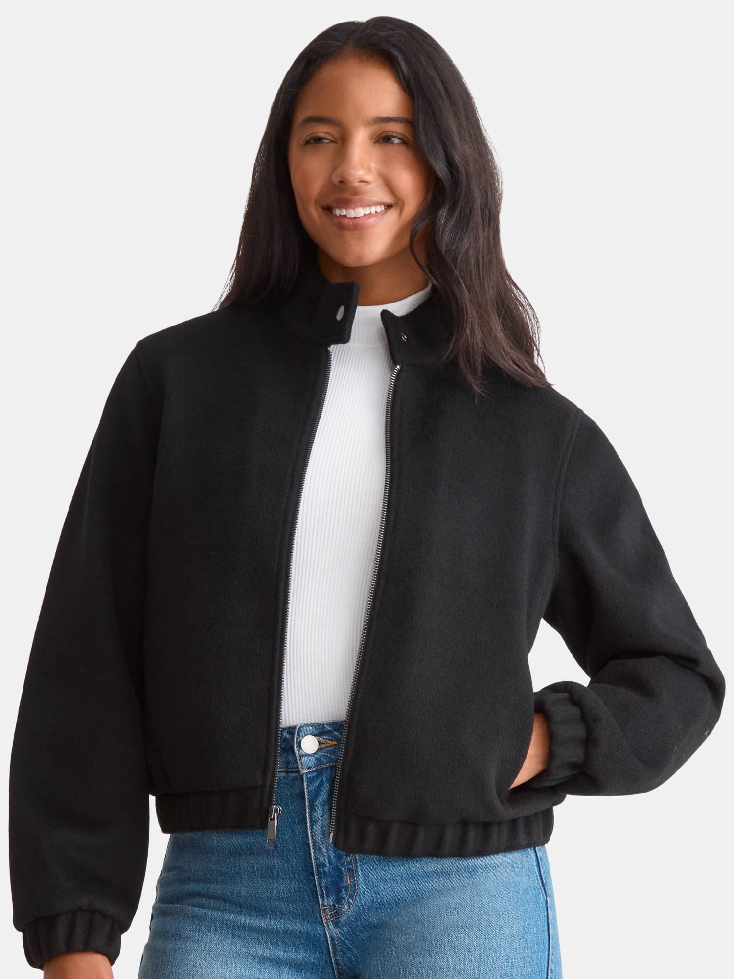 Time and Tru Women's and Women's Plus Faux Wool Bomber Jacket, Sizes XS-2X