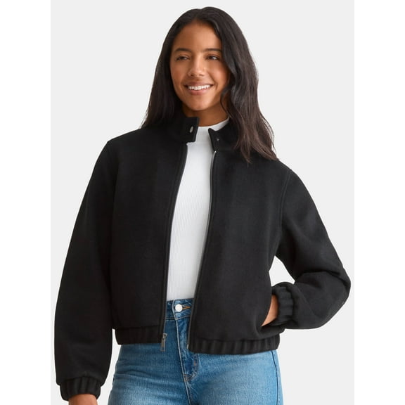 Time and Tru Women's and Women's Plus Faux Wool Bomber Jacket, Sizes XS-2X