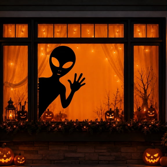 Large Peeking Alien Halloween Window Cling Decal | Spooky Alien Silhouette | Static Window Decal | Creepy Halloween Decoration | Reusable