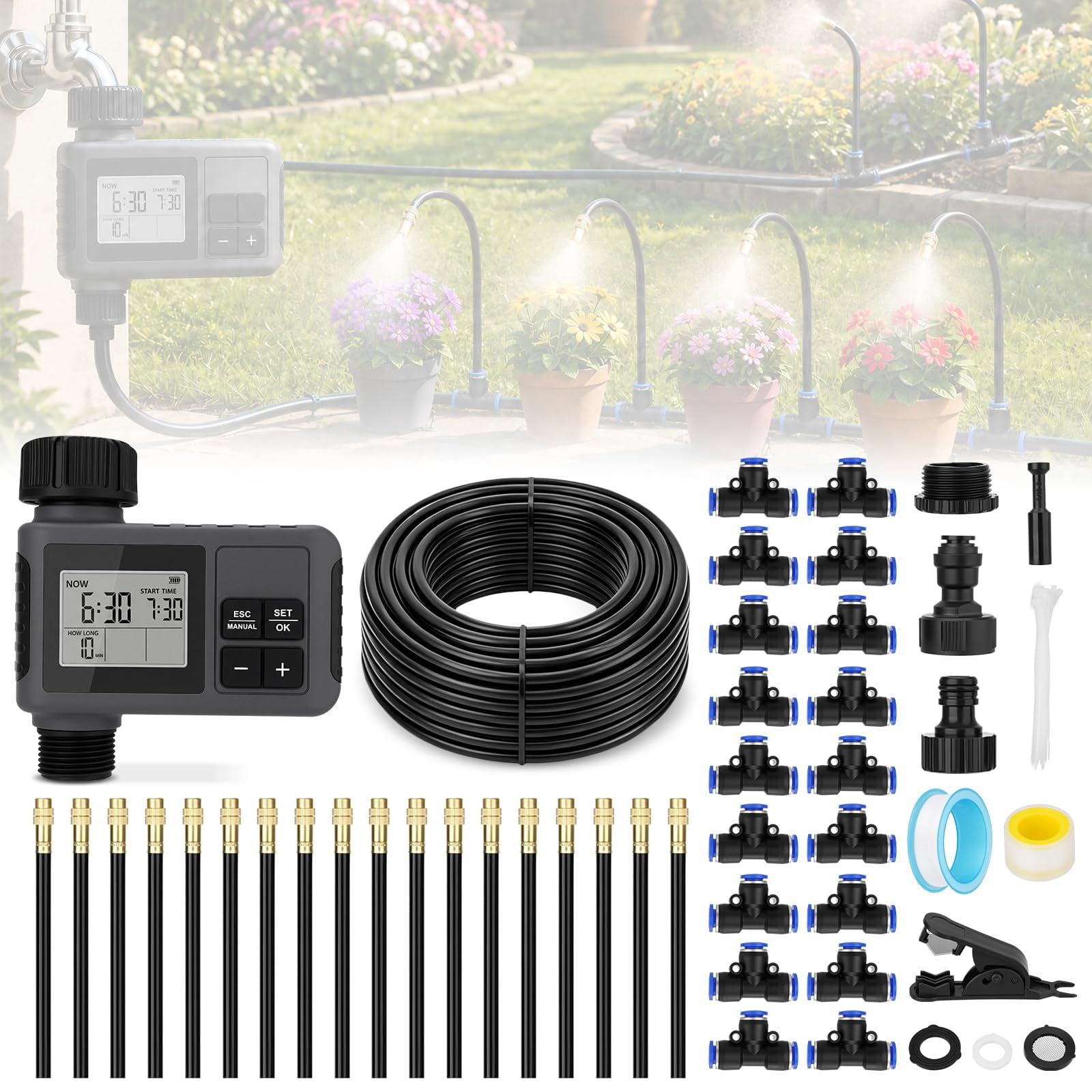66FT Automatic Garden Drip Irrigation Kits with Timer, Watering System ...