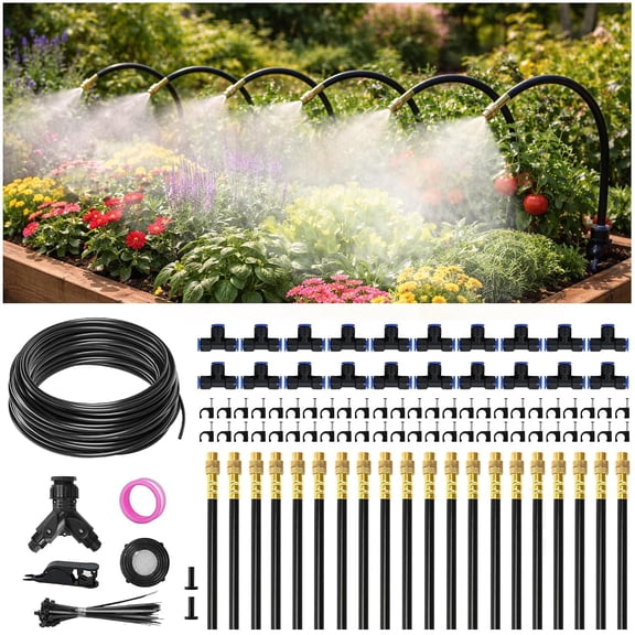 66FT Drip Irrigation System Kit Dual-Zone Garden Atomizing Watering with 20 Copper 360 Adjustable Bendable Nozzles, Y-Splitter, Leak-Proof 1/4" Misting for Greenhouse Raised Beds