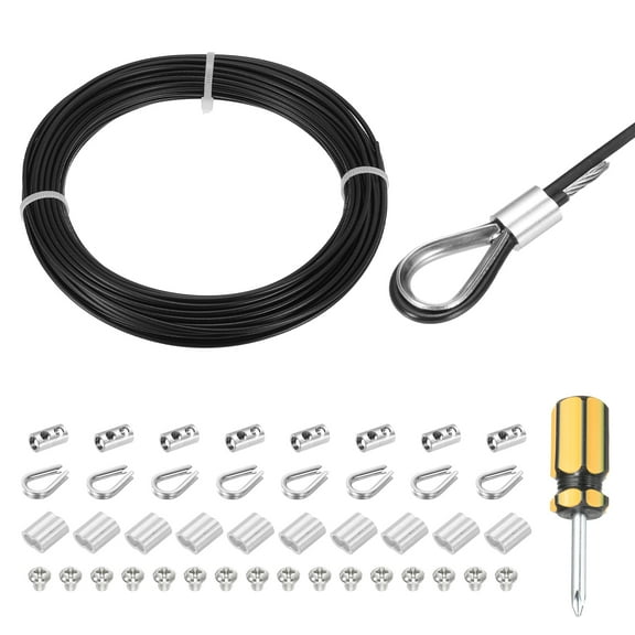 66Ft(20M) Wire Rope 304 Stainless Steel Cable 1/12"(2mm) Vinyl Coated with 1pcs Cable Clamp, Aluminum Sleeves and Thimble for Hanging, Clotheslines, Lifting Black