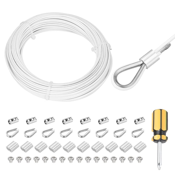 66Ft(20M) Wire Rope 304 Stainless Steel Cable 1/8"(3mm) Vinyl Coated with 1pcs Cable Clamp, Aluminum Sleeves and Thimble for Hanging, Clotheslines, Lifting White