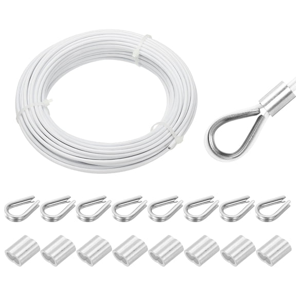 66Ft(20M) Wire Rope 304 Stainless Steel Cable 1/8"(3mm) Vinyl Coated with 8pcs Screw Chuck and Thimble for Hanging, Clotheslines, White