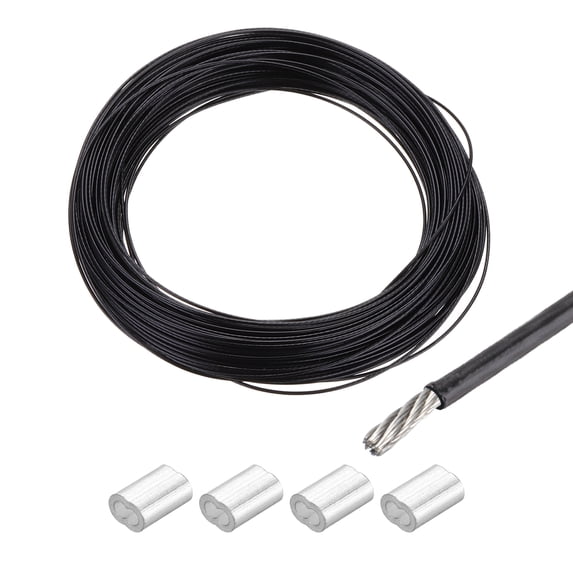66Ft(20M) Wire Rope 304 Stainless Steel Cable 3/64" (1.2 mm) Vinyl Coated with 4pcs Aluminum Sleeves Black