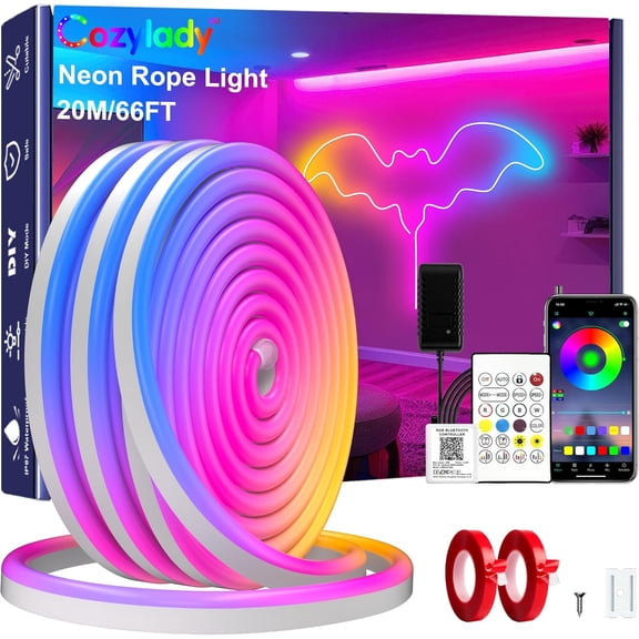 66Ft (33Ft * 2 Rolls) RGB LED Neon Rope Lights for Bedroom, 20m LED Strip Lamp with Double Sided Adhesive Tape, App/Remote Control DIY Lights Decorate The Outdoor and Indoor of Your Home