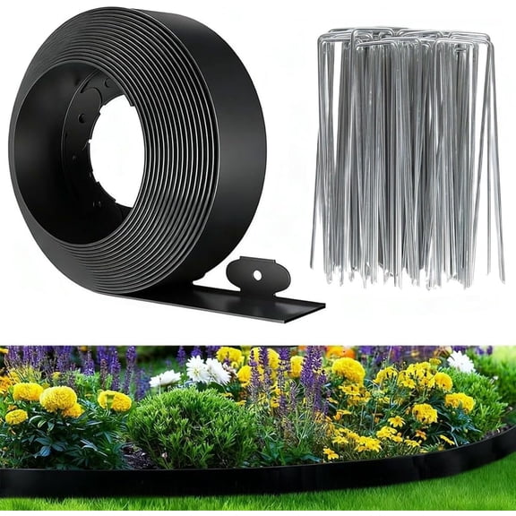 66Ft 3IN Landscape Edging,Garden Edging Border Kit with 100pcs Metal Stakes,Plastic Edging for Landscaping, Flexible Tool-Free Lawn Border for Flower Bed,Yard,Tree,Grass,Pathway-Black