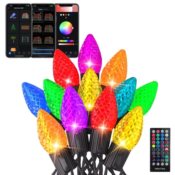 66Ft Smart String Lights 100 LED DIY Extendable C7 Color Changing APP Remote Controlled Music Timer Waterproof Programmable Lights for Eaves Fence Xmas Tree Decoration