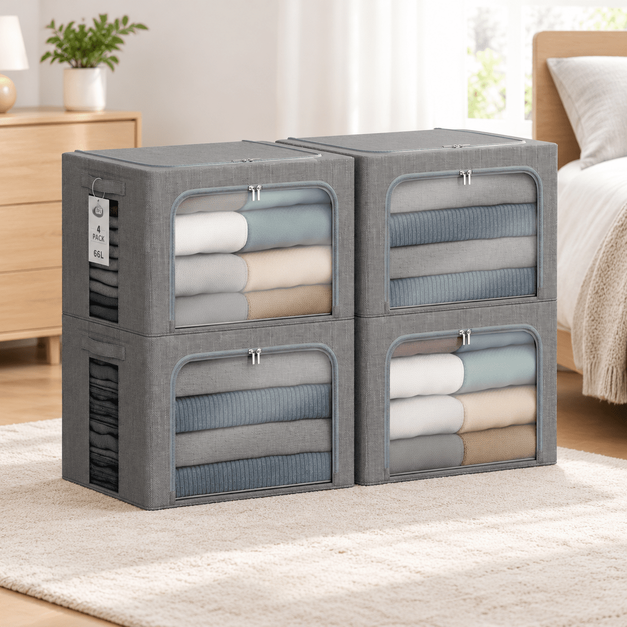66L Grey Stackable Storage Box with Metal Frame, Foldable Fabric ...