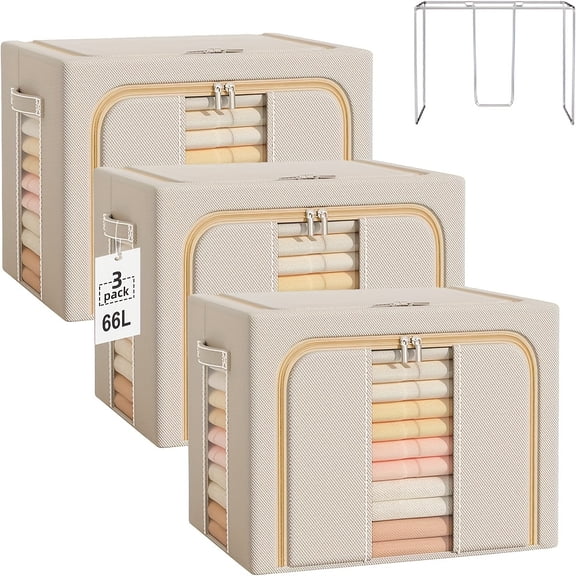 66L Large Clothes Storage Bins Closet Organizers And Storage, Stackable Metal Frame Clothes Container Organizer with Carrying Handles & Clear Window (Beige)
