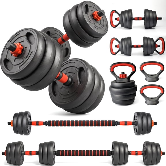 66LB Adjustable Dumbbell Set, 4-in-1 Convertible Weights Plates Free Weight Kit with Barbell Kettlebell Push-Up Stands for Home Gym Fitness Strength Training, Black