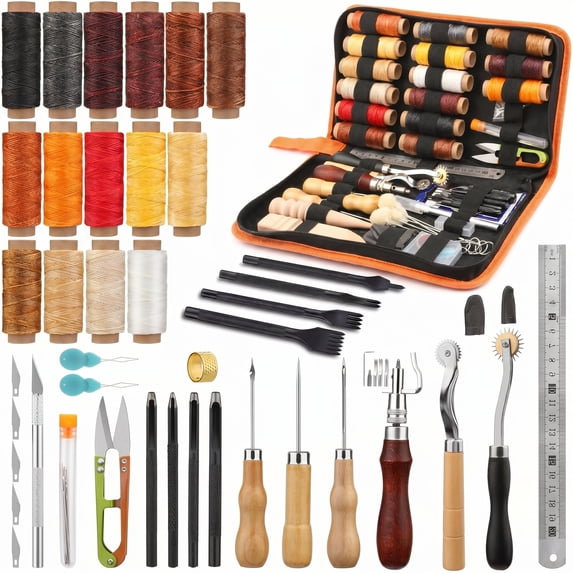 66PCS Leather Working Tools Kit with Storage Bag, Stitching Groover ...