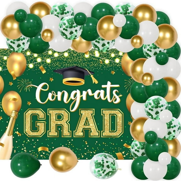 66Pcs Congrats Grad Decorations 2024, Green Gold Graduation Decor with Congrats Grad Backdrop Green Gold Silver Balloon Garland Arch Kit for Class of 2024 Grad Prom Graduation Supplies